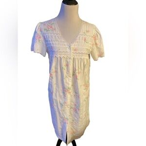 VTG Character Button Front Floral Roses Print Lace Eyelet Cotton House Coat Sz S